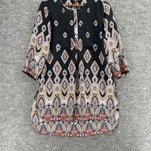 5/$45 Roz & Ali Dress Women M Medium Black Geometric Shift Short Crew Neck - Picture 4 of 9